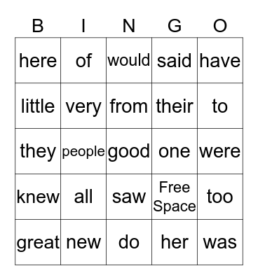 Sight Word Bingo Card