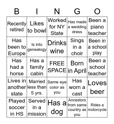 Getting to Know You Bingo Card