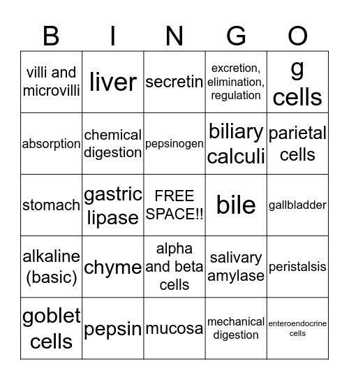 ANATOMY AND PHYSIOLOGY II Bingo Card