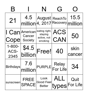 Relay For Life Bingo Card