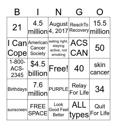 Relay For Life Bingo Card