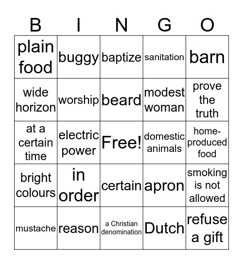 Amish Bingo Card