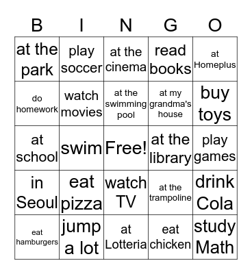 Activities and Places Bingo Card