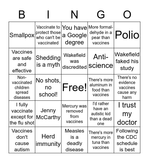 Pro-Vax Lingo Bingo Card