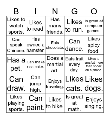 Question Bingo Card