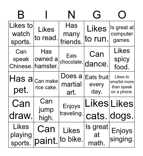 Question Bingo Card
