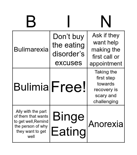 DYING TO BE THIN (Eating Disorders) Bingo Card