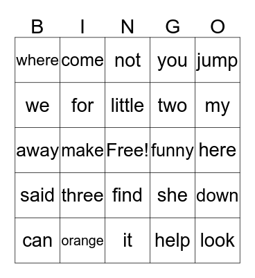 Dolch Pre-Primer Bingo Card