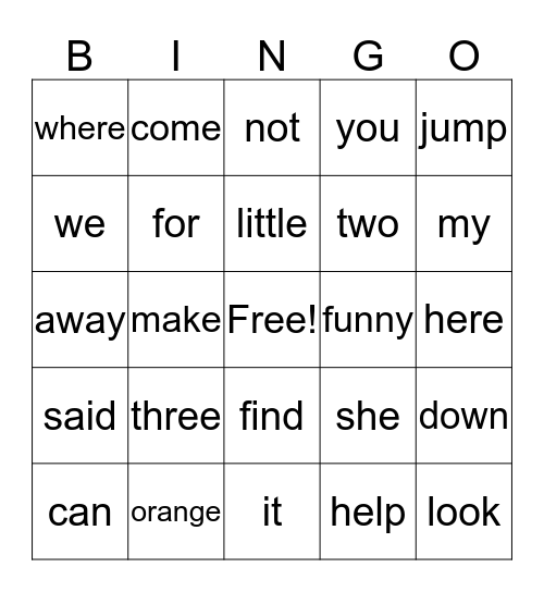 Dolch Pre-Primer Bingo Card