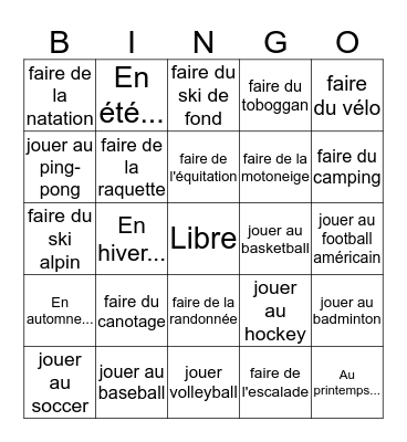 Les Sports et Activités Bingo Card