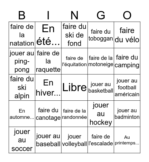 Les Sports et Activités Bingo Card