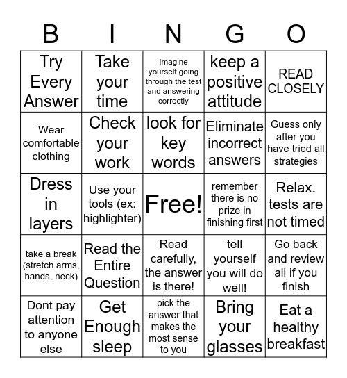 Test Taking Tips Bingo Card