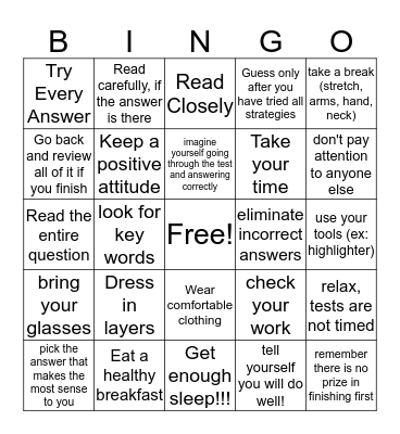 Test Taking Tips Bingo Card