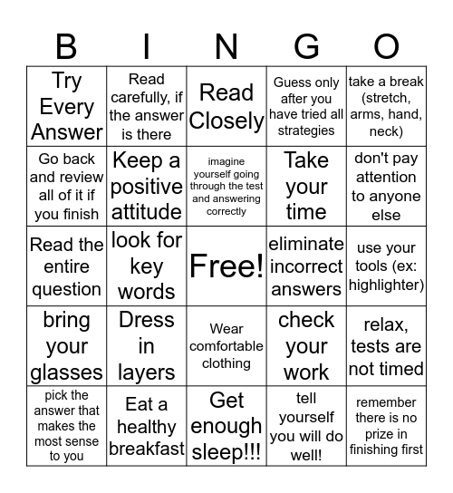 Test Taking Tips Bingo Card