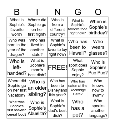 Sophie's First Birthday Bingo Card
