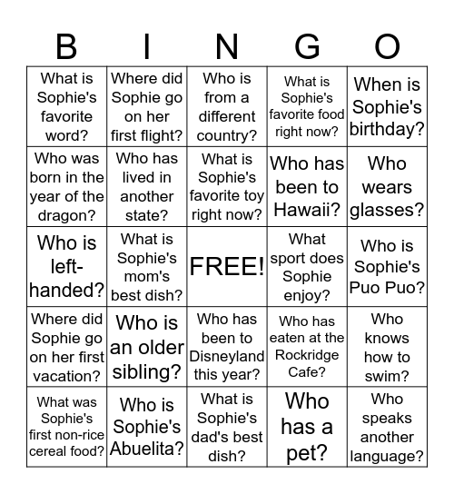 Sophie's First Birthday Bingo Card