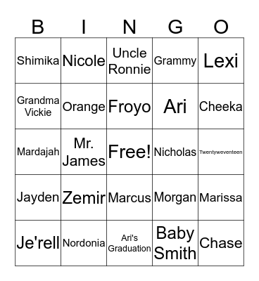Ari's Graduation 2017 Bingo Card
