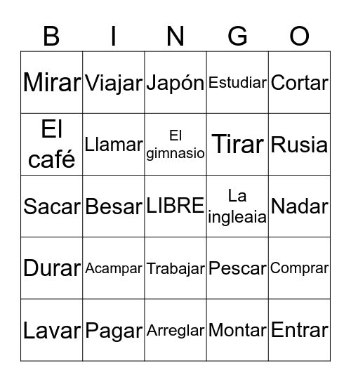 Verbs Bingo Card