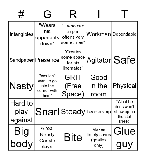 Euphemisms for Bad Hockey Players Bingo Card