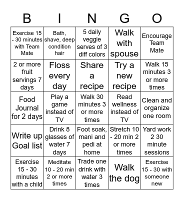 Weight Loss Bingo Card