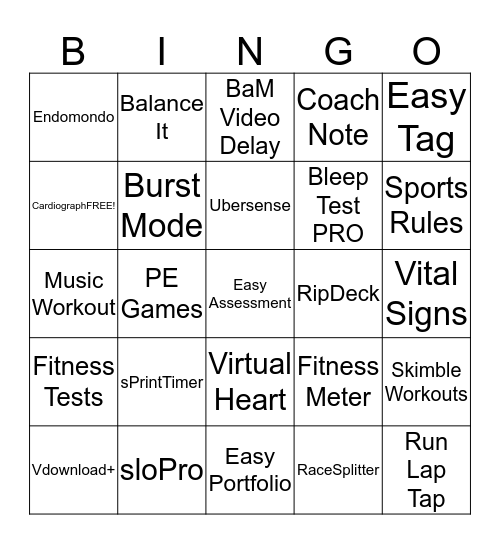 PE Apps Bingo Card