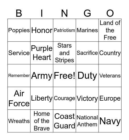 Memorial Day U.S.A. Bingo Card