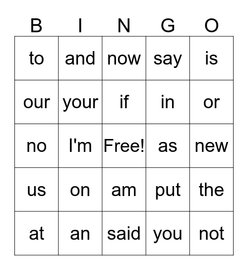 Sight Word Bingo Card