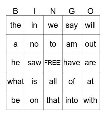 First Quarter Sight Words Bingo Card