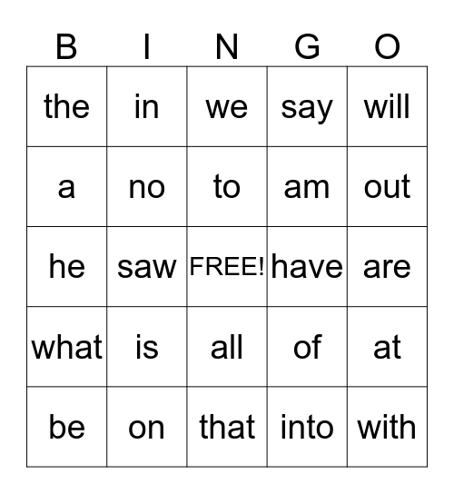 First Quarter Sight Words Bingo Card