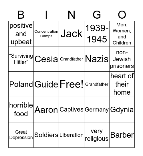 Holocaust Bingo Card
