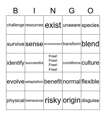 Adapt or Die! Bingo Card