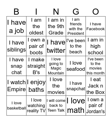 Teen Talk Bingo Card