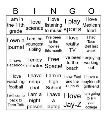 Teen Talk Bingo Card