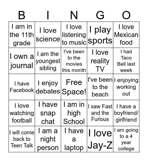 Teen Talk Bingo Card