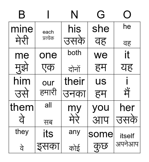 pronouns Bingo Card