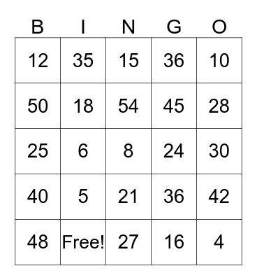 Multiplication Bingo Card