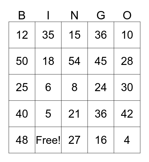 Multiplication Bingo Card