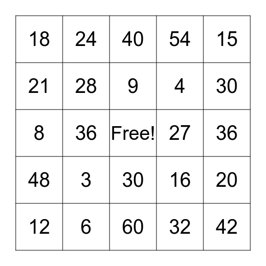 Multiplication Bingo Card