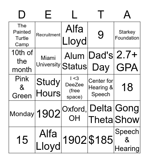 Delta Zeta Knowledge Bingo Card