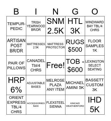 FURNITURE BINGO Card