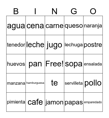 Spanish Food Bingo Card