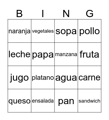 Spanish Food Bingo Card