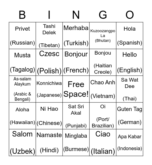 Hello at International . Bingo Card