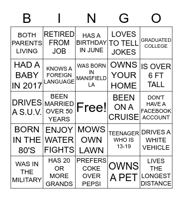 WILSON LANG FAMILY REUNION (2017) Bingo Card