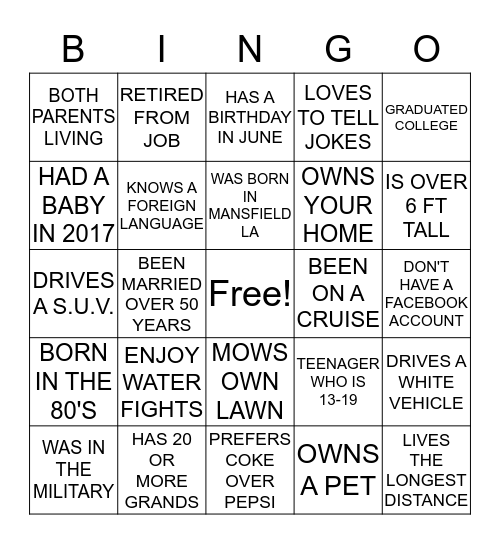 WILSON LANG FAMILY REUNION (2017) Bingo Card