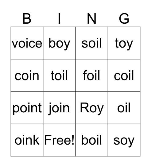 Oi & Oy Words Bingo Card