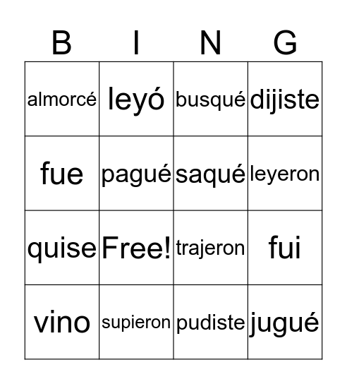 Irregular Preterite Verbs Bingo Card