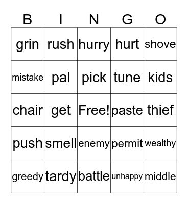 Synonym Bingo Card