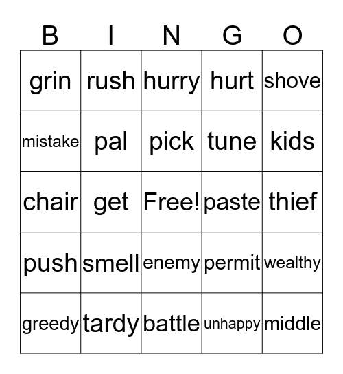 Synonym Bingo Card