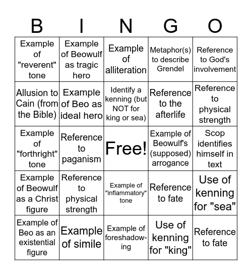 Beowulf Bingo Card